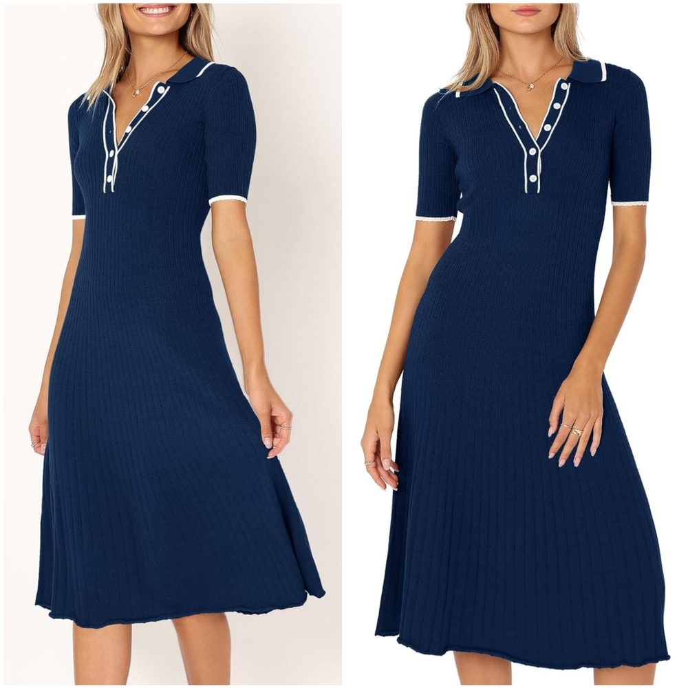 NWT Mitilly Navy Blue White Polo V Button Up Short Sleeve Sweater Midi Dress M - Picture 8 of 9